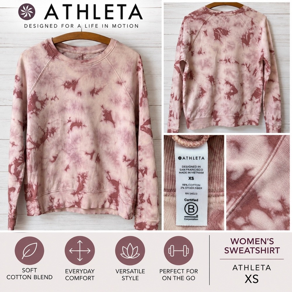 Athleta Womens Mauve Tie Dye Cotton Blend Raglan Sweatshirt XS